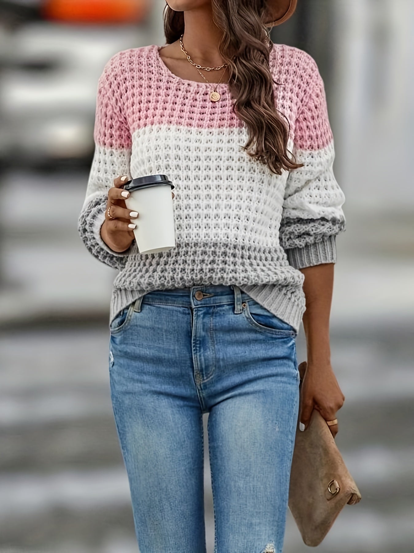 Block Crew Neck Sweater Long Sleeve for Fall & Winter
