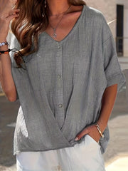 Casual Blouse Women's Plus Solid Half Sleeve V Neck Button Decor Wrap