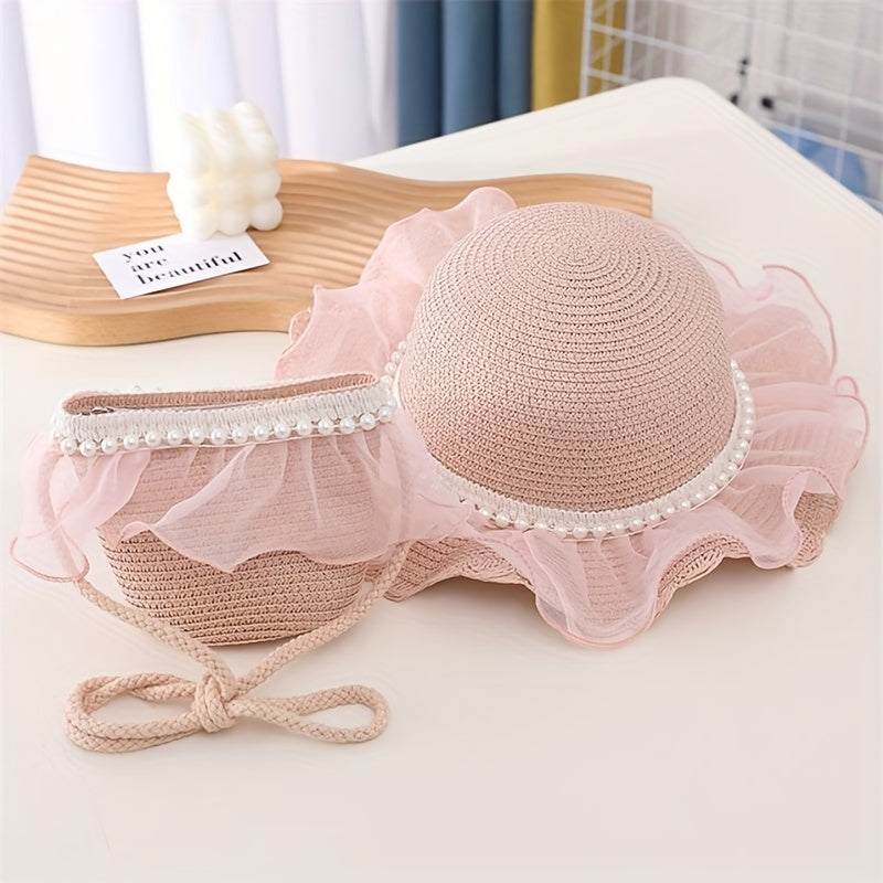 Summer Pearl Lace Straw Hat Bag Set Princess Girl Travel Sun Hat