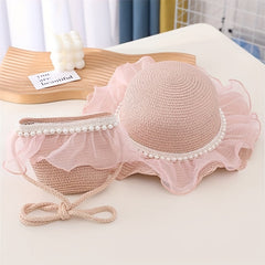 Summer Pearl Lace Straw Hat Bag Set Princess Girl Travel Sun Hat