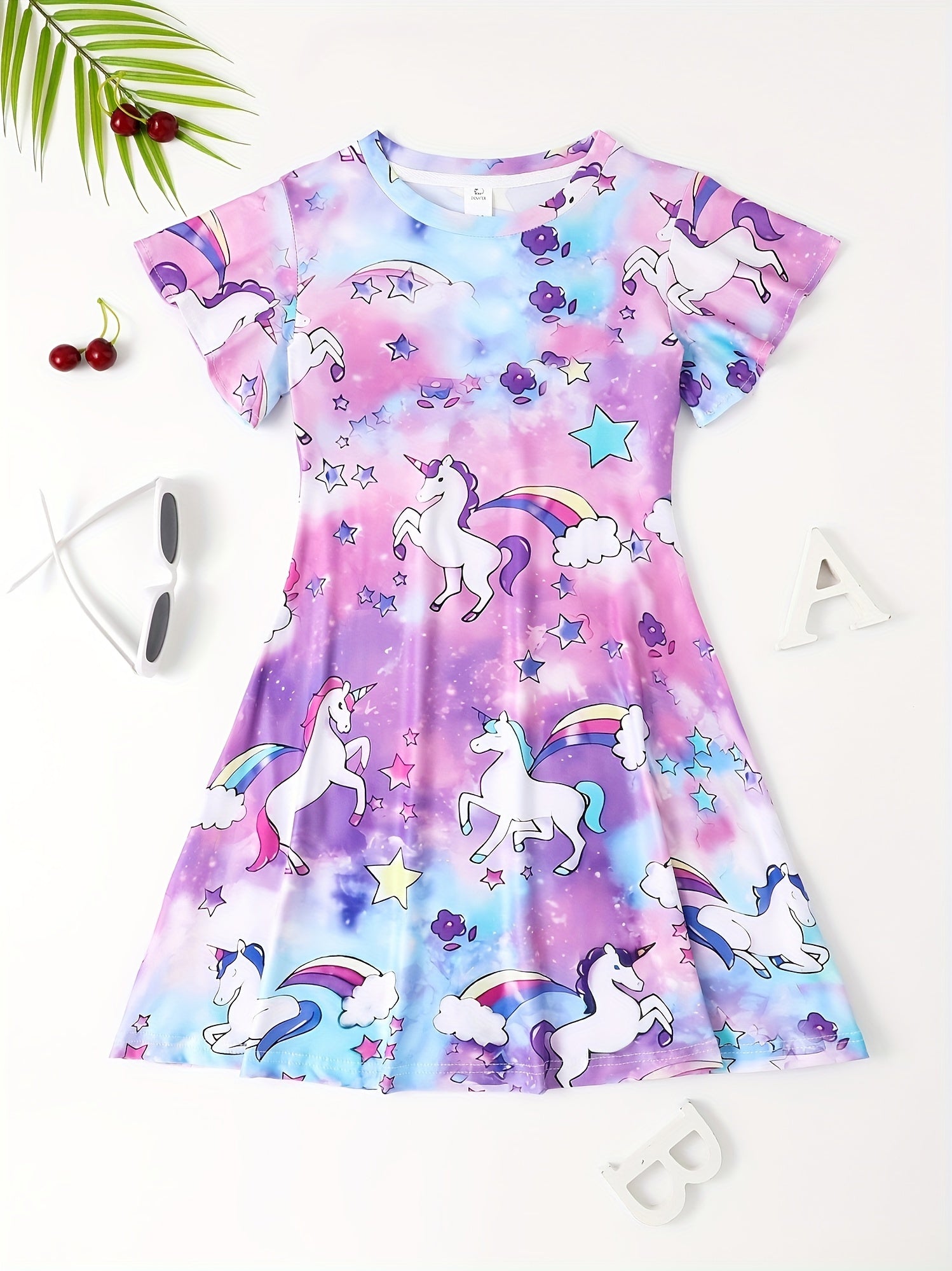 Girls Unicorn Print Flutter Sleeve Dress For Party Summer Kids Clothes