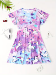 Girls Unicorn Print Flutter Sleeve Dress For Party Summer Kids Clothes