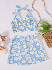 Floral Print Cami Tops & High Waist Vacation Skirts Set