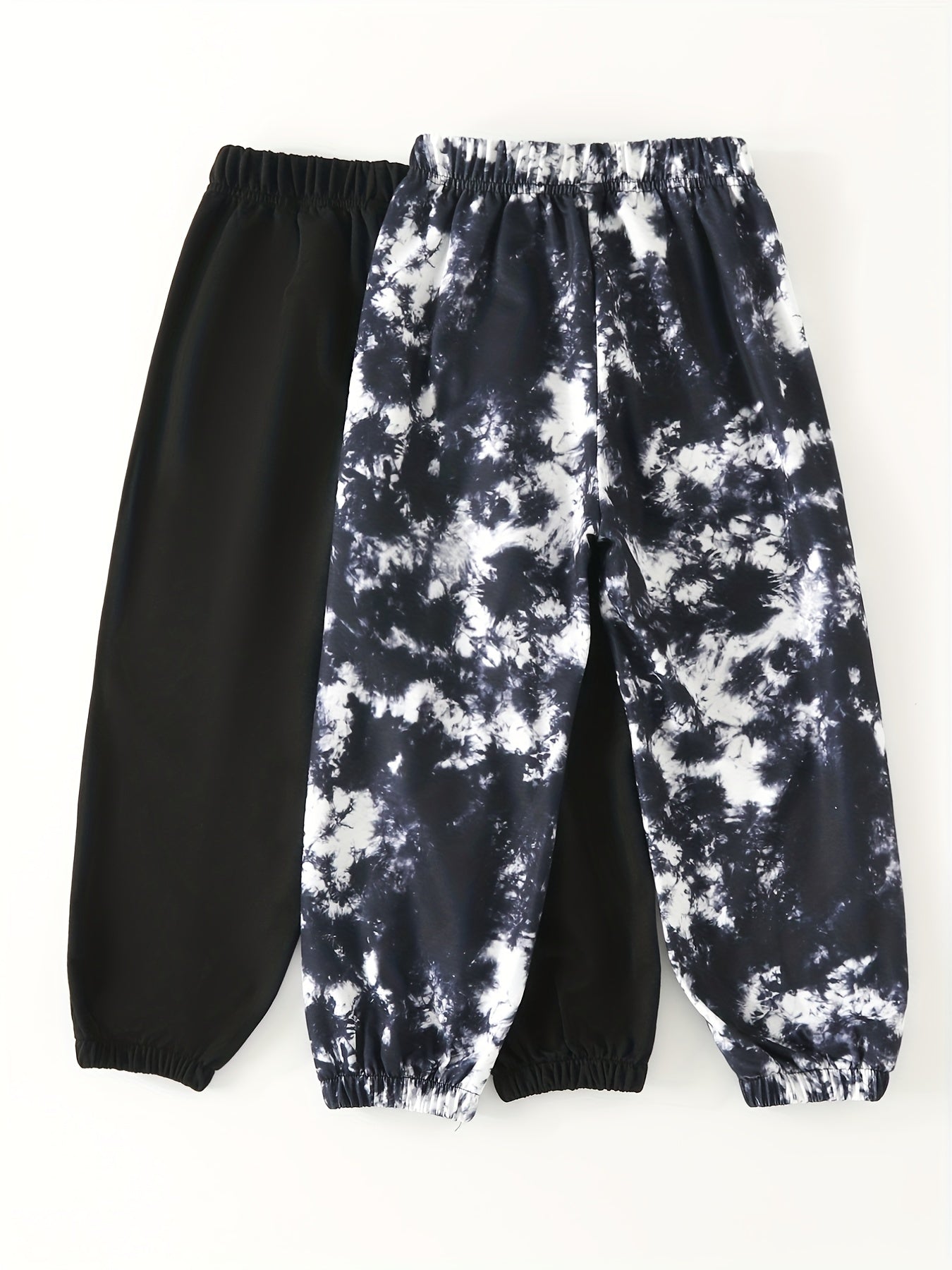 2pcs Girls' Casual Trousers Set Tie Dye Style And Solid Pants