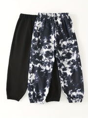 2pcs Girls' Casual Trousers Set Tie Dye Style And Solid Pants