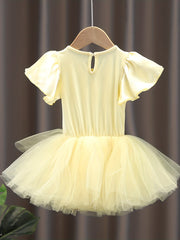 Girls Yellow Tulle Tutu Mesh Dress With Rhinestone Decoration