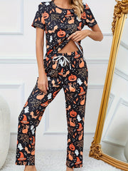 Pumpkin Print Pajama Set Halloween Short Sleeve Top & Pants Women's Sleepwear