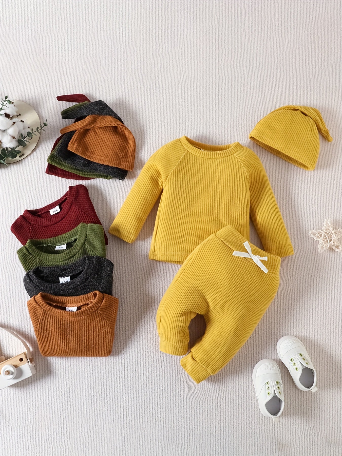 Baby 3pcs Set Ribbed Knitted Tops & Long Pants & Cap Cotton Clothes