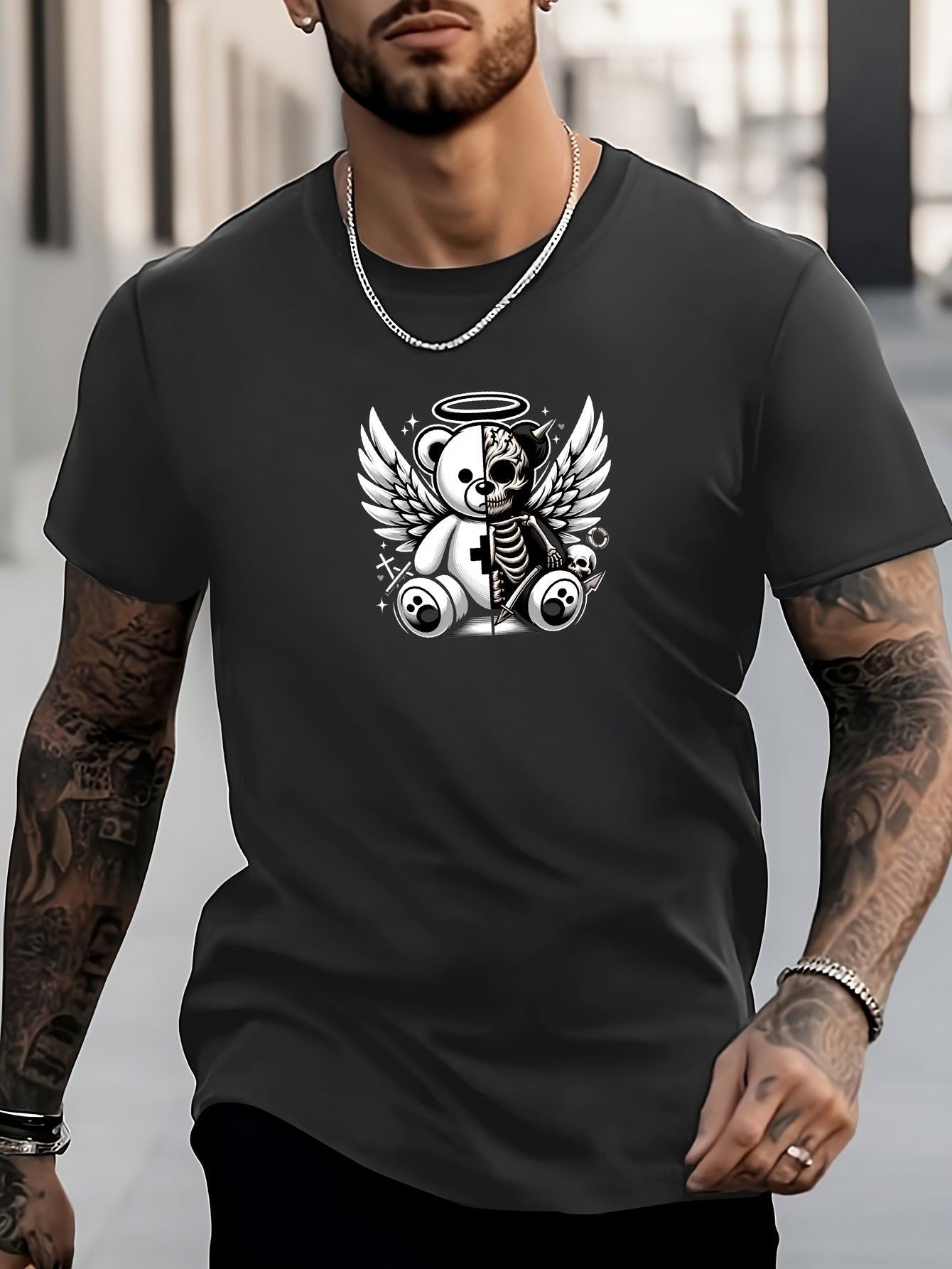 Men's Bear Pattern Shirt Crew Neck Short Sleeve Tee Top