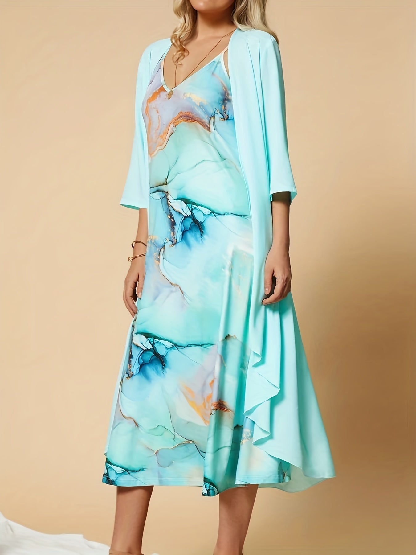 Spring/Summer 2-Piece Set Solid Open Front Coat & Marble Print V-Neck Dress