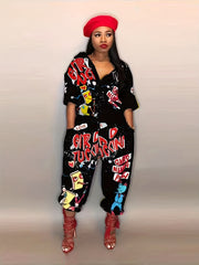 Graffiti Print Long Sleeve Button Jumpsuit