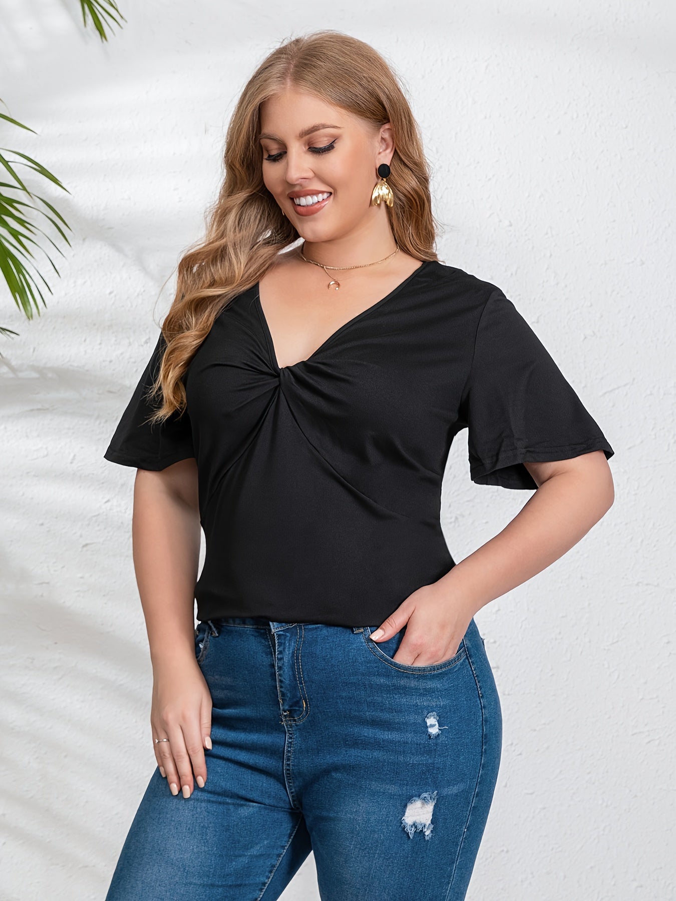 Twist Front Short Sleeve V Neck Top