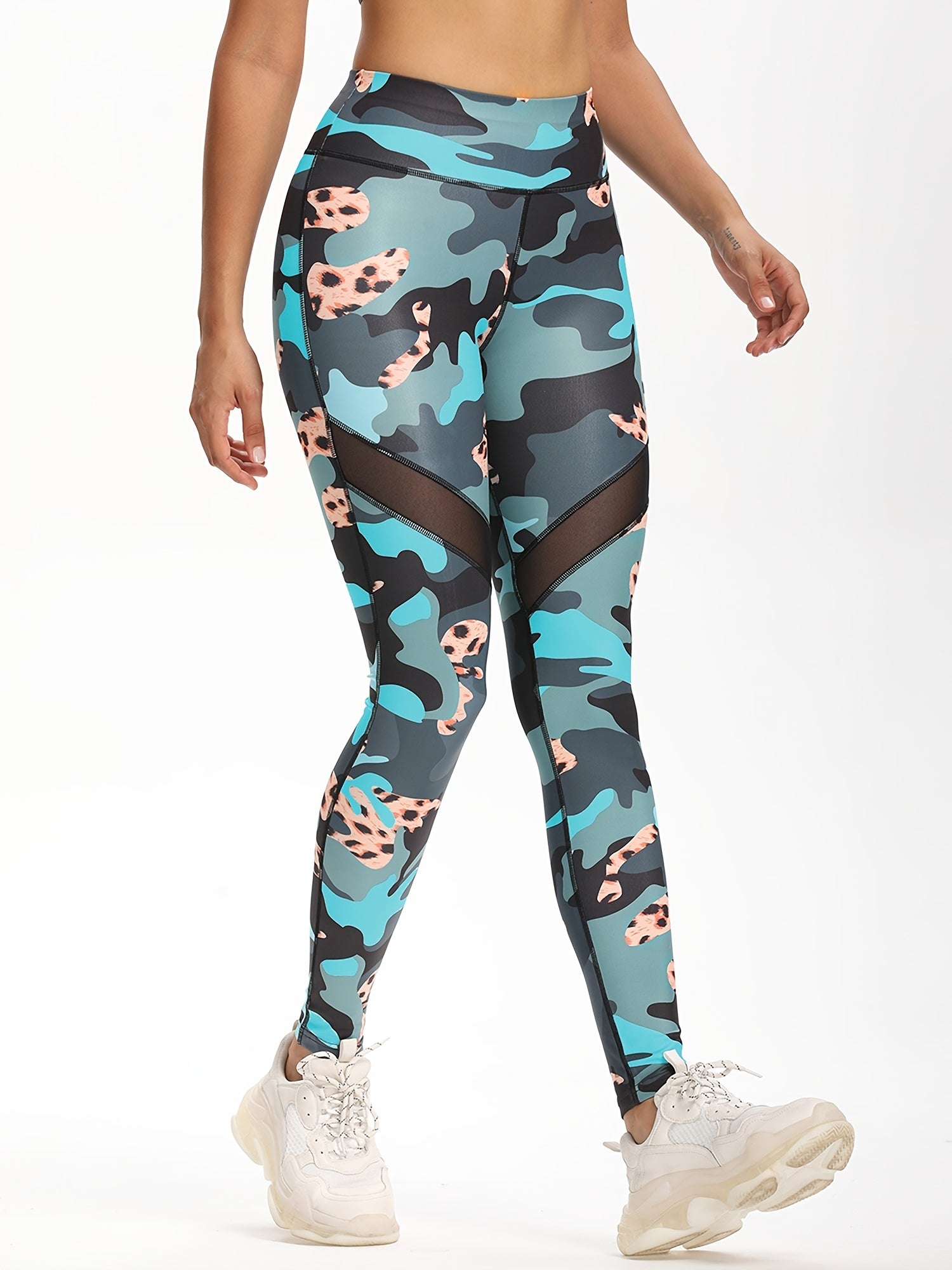 Camo High Waist Yoga Leggings Mesh Sports Fitness Leggings