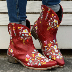 Retro Floral Embroidered Western Boots Pointed Toe Slip On Cowgirl Short Boots