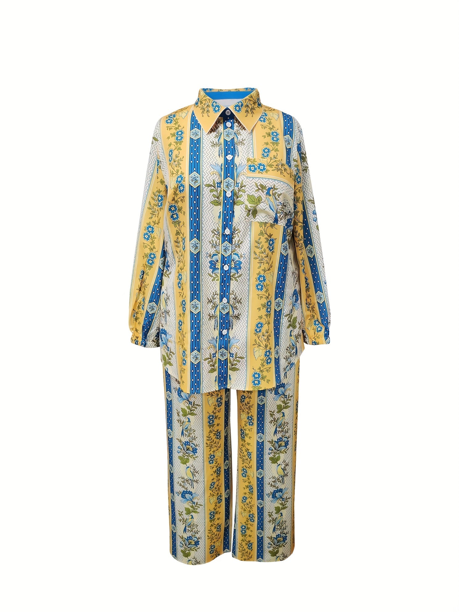 Floral & Geo Print Long Sleeve Button Up Shirt & Drawstring Pants