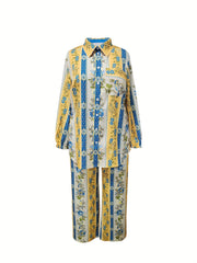Floral & Geo Print Long Sleeve Button Up Shirt & Drawstring Pants