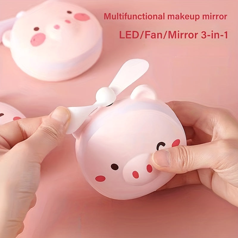 3 in 1 Compact Mirror Fan LED Light USB Rechargeable Cute Dog Head Shape