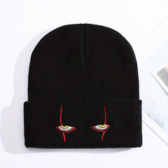 Horror Clown Eyes Cartoon Embroidery Knitted Hat with Woolen Cover