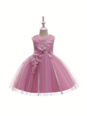 Girls Sleeveless Puffy Princess Dress Flowers Embroidery Mesh Tutu Dress