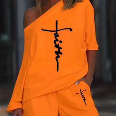 Faith Letter Print Two piece Set Tee & Shorts Women's Clothing
