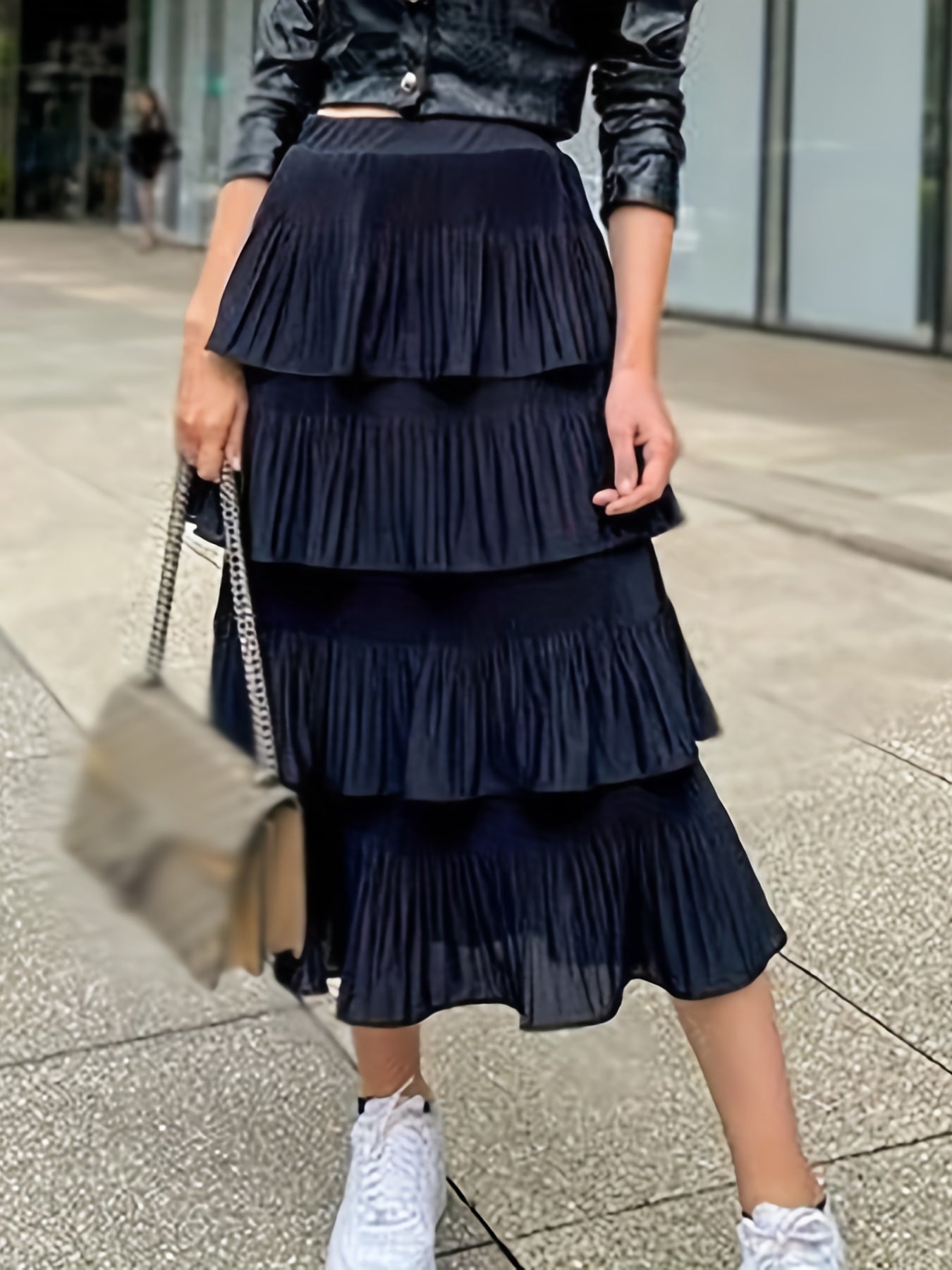 Women's Plus Pleated Elastic Waist Ruffle Trim Layered Skirt
