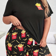 French Fries Print Tee & Bow Front Shorts Pajamas Set