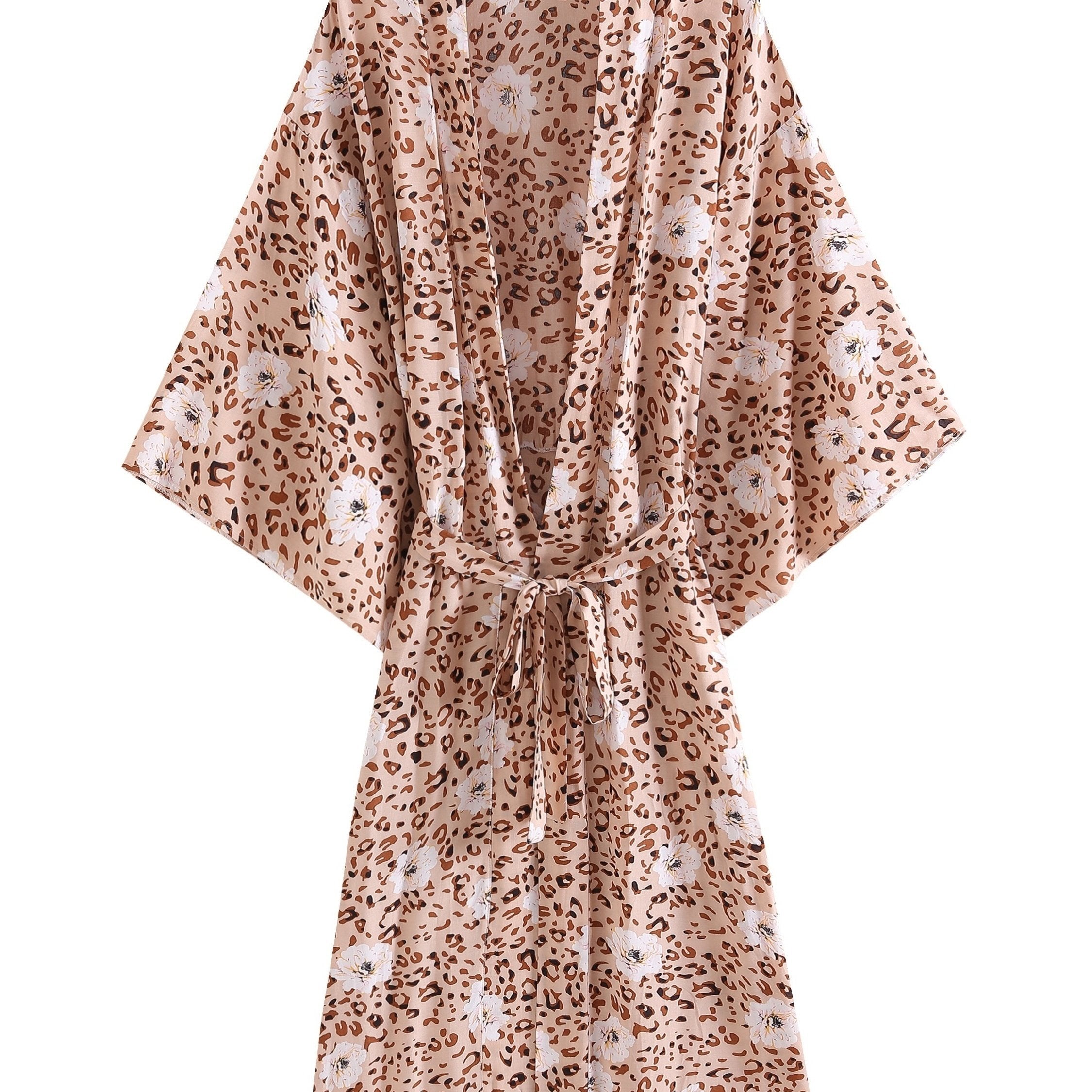 Leopard Print Cover Up Shirt V Neck Loose Fit With Waistband Beachwear