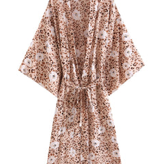 Leopard Print Cover Up Shirt V Neck Loose Fit With Waistband Beachwear