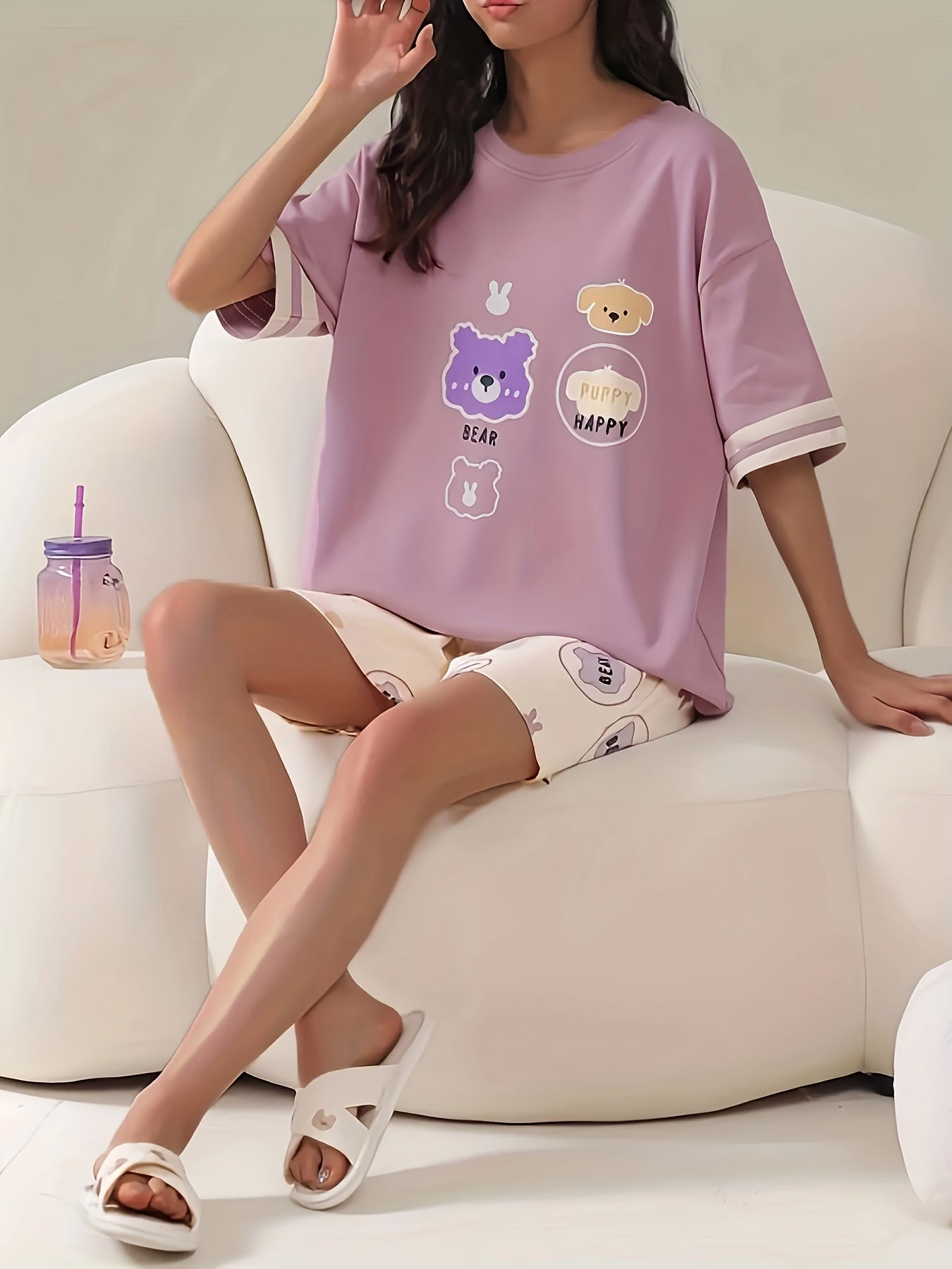 Animal Print Pajamas Set Short Sleeve Crew Neck Top & Shorts Pj Set