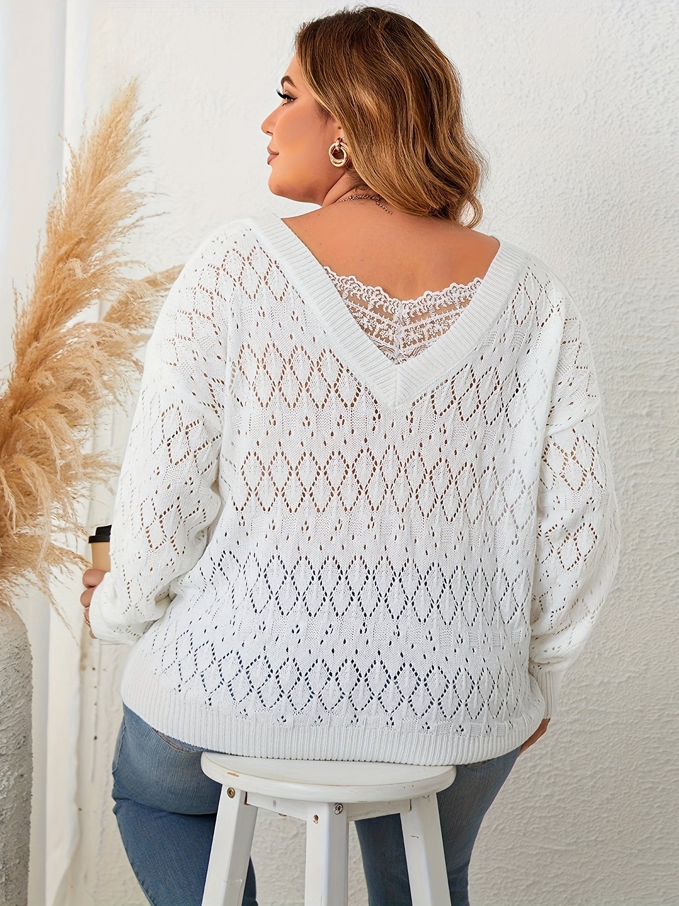 Solid Hollow Out Long Sleeve V Neck Sweater