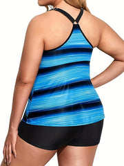 Women's Plus Striped Print Lace Halter Tankini Set