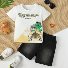 Boys Forever Friends Animal Print T-shirt & Denim Shorts Set for Summer