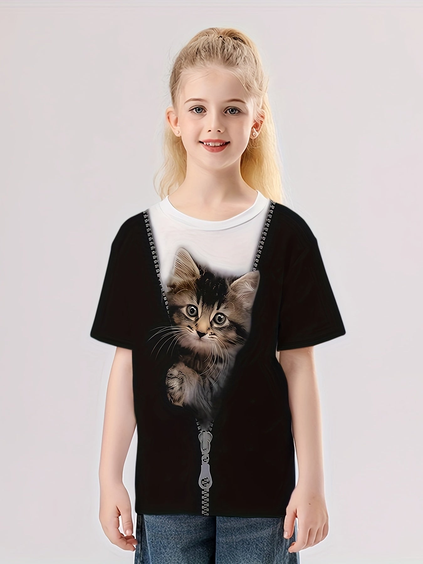 Creative Cat Graphic Short Sleeve T shirt for Summer Sports