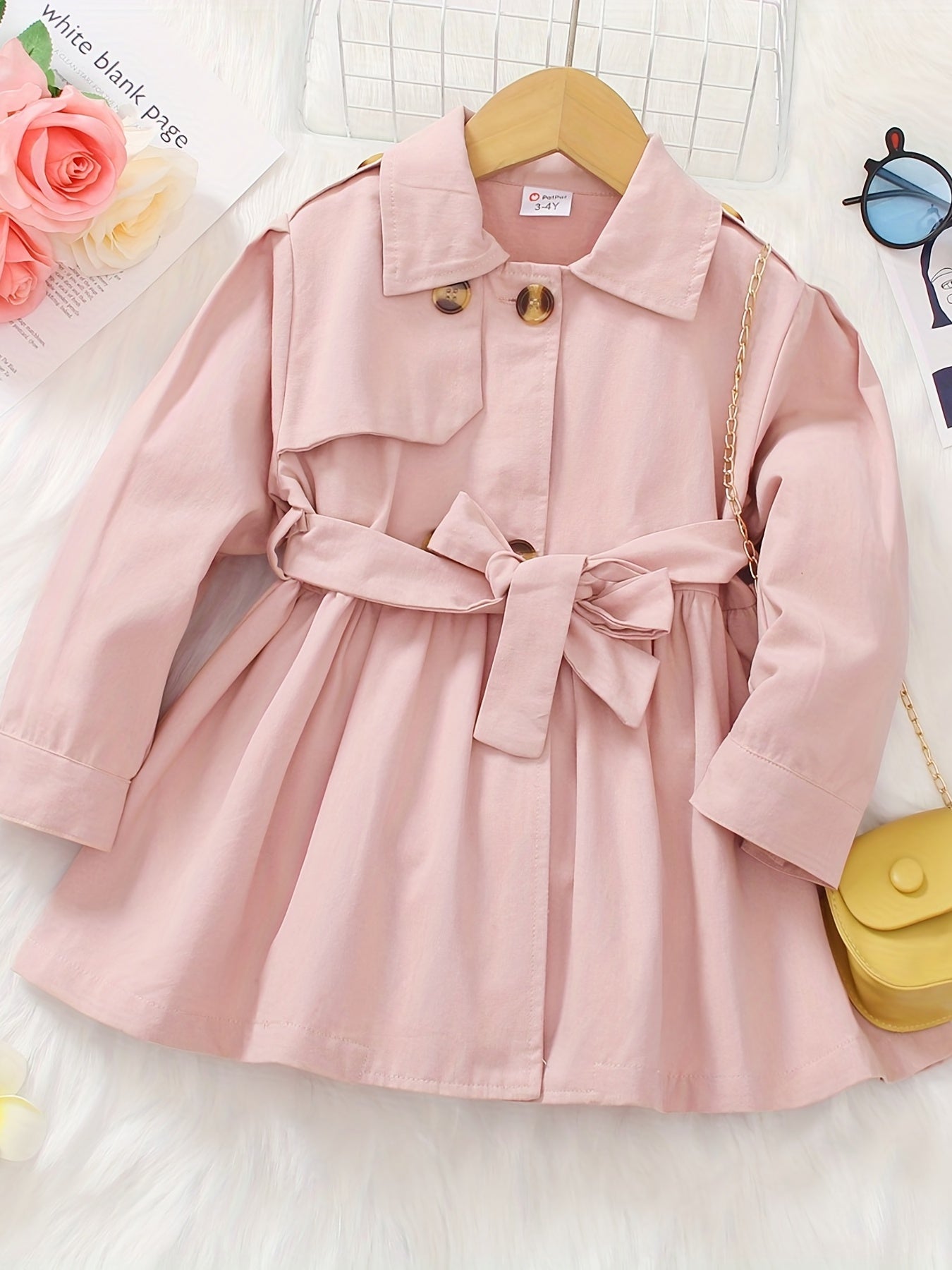 Toddler Girl Lapel Collar Belted Pink Trench Coat Casual Button Windbreaker