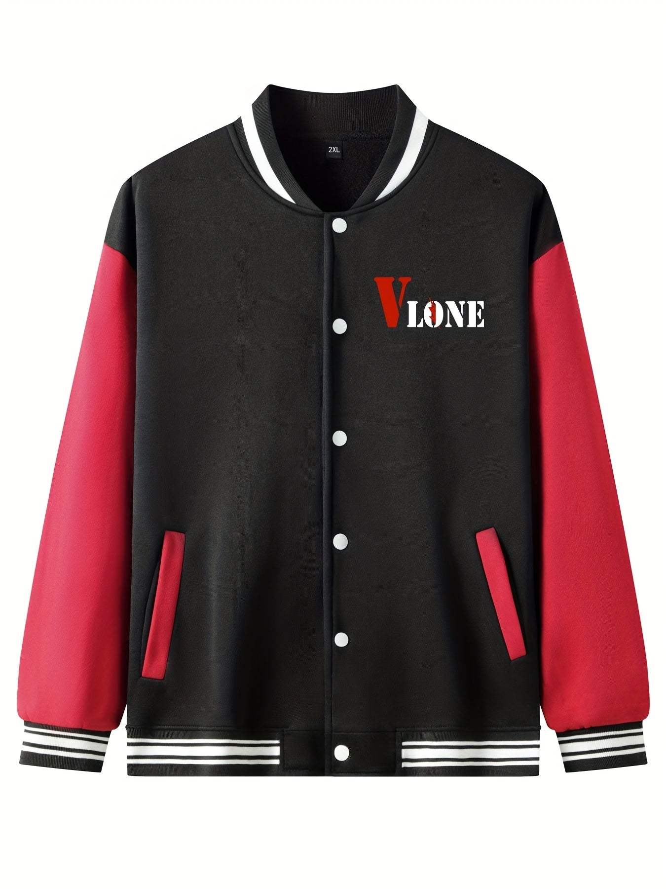 V Letter Print Bear With A Broken Heart Graphic Baseball Jacket