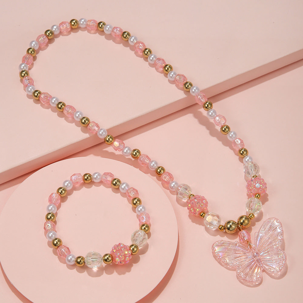 Kids Butterfly Necklace Set Acrylic Pendant Beads Elastic Bracelet