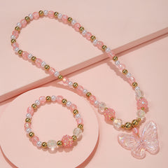 Kids Butterfly Necklace Set Acrylic Pendant Beads Elastic Bracelet