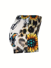 Letter & Leopard Print Skinny Shorts