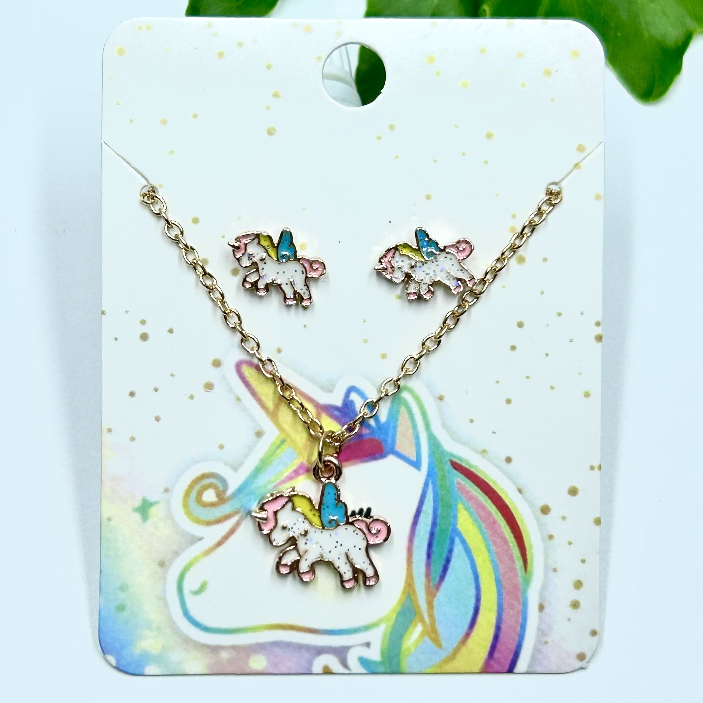 Cartoon Dripping Unicorn Necklace & Earrings Set For Girls