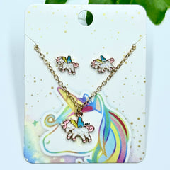 Cartoon Dripping Unicorn Necklace & Earrings Set For Girls