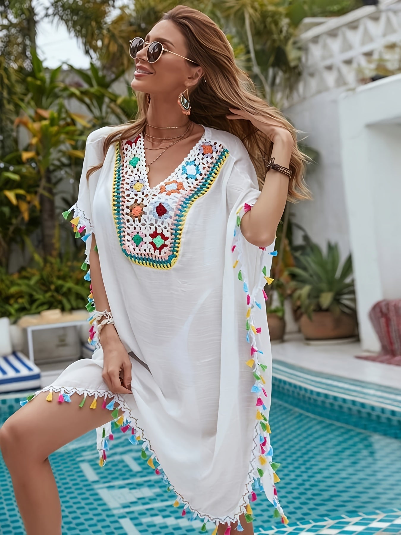 Crochet Hollow Out V Neck Kaftan Loose Boho Cover Up