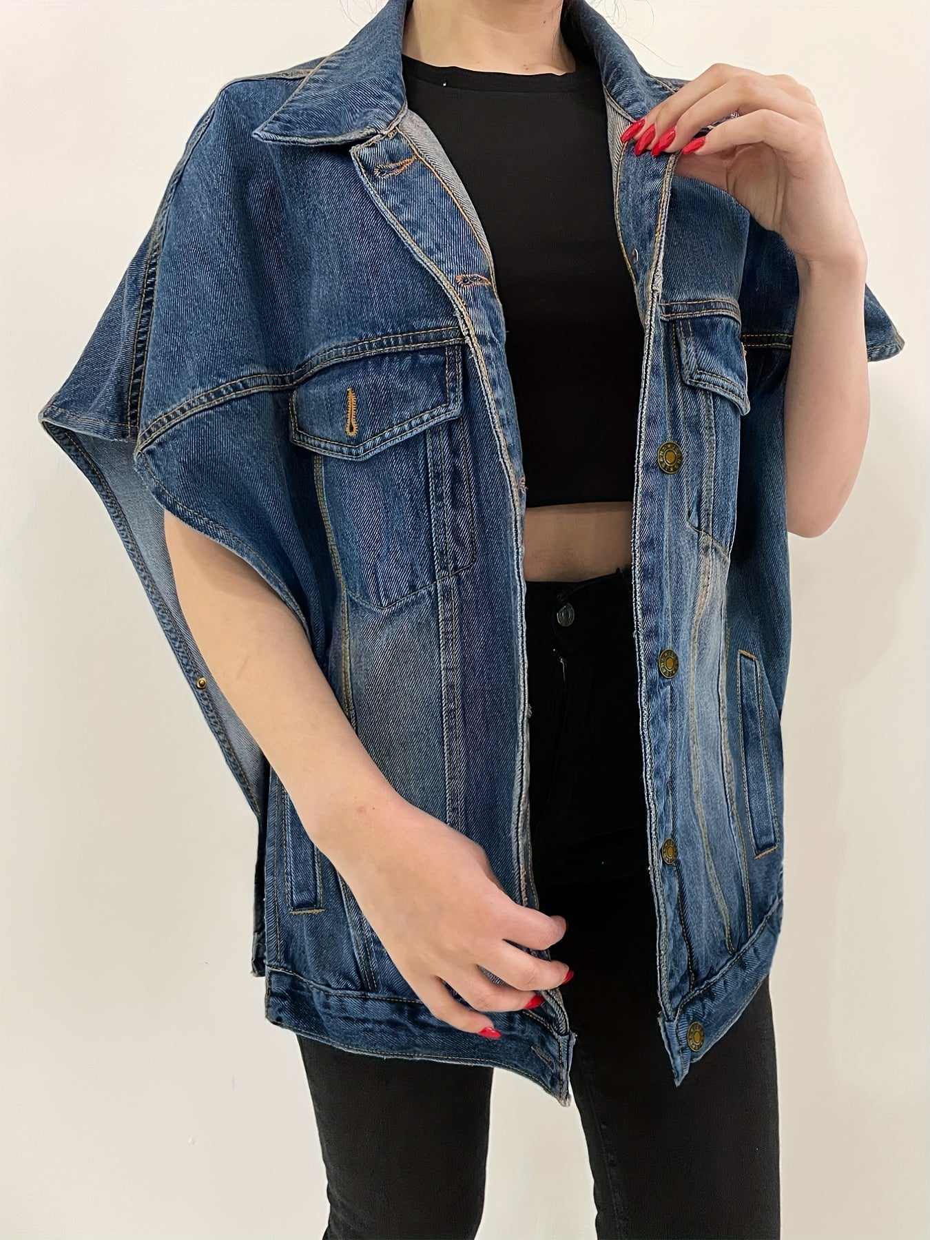 Loose Fit Denim Jackets Single Breasted Button Flap Pockets Lapel Denim Coats