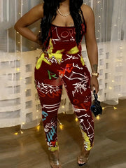 Casual Jumpsuit Women's Graffiti Print Round Neck Slim Fit C