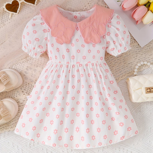 Baby Girls Doll Collar Short Sleeve Dress Floral Print Tunic Dress