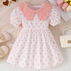 Baby Girls Doll Collar Short Sleeve Dress Floral Print Tunic Dress