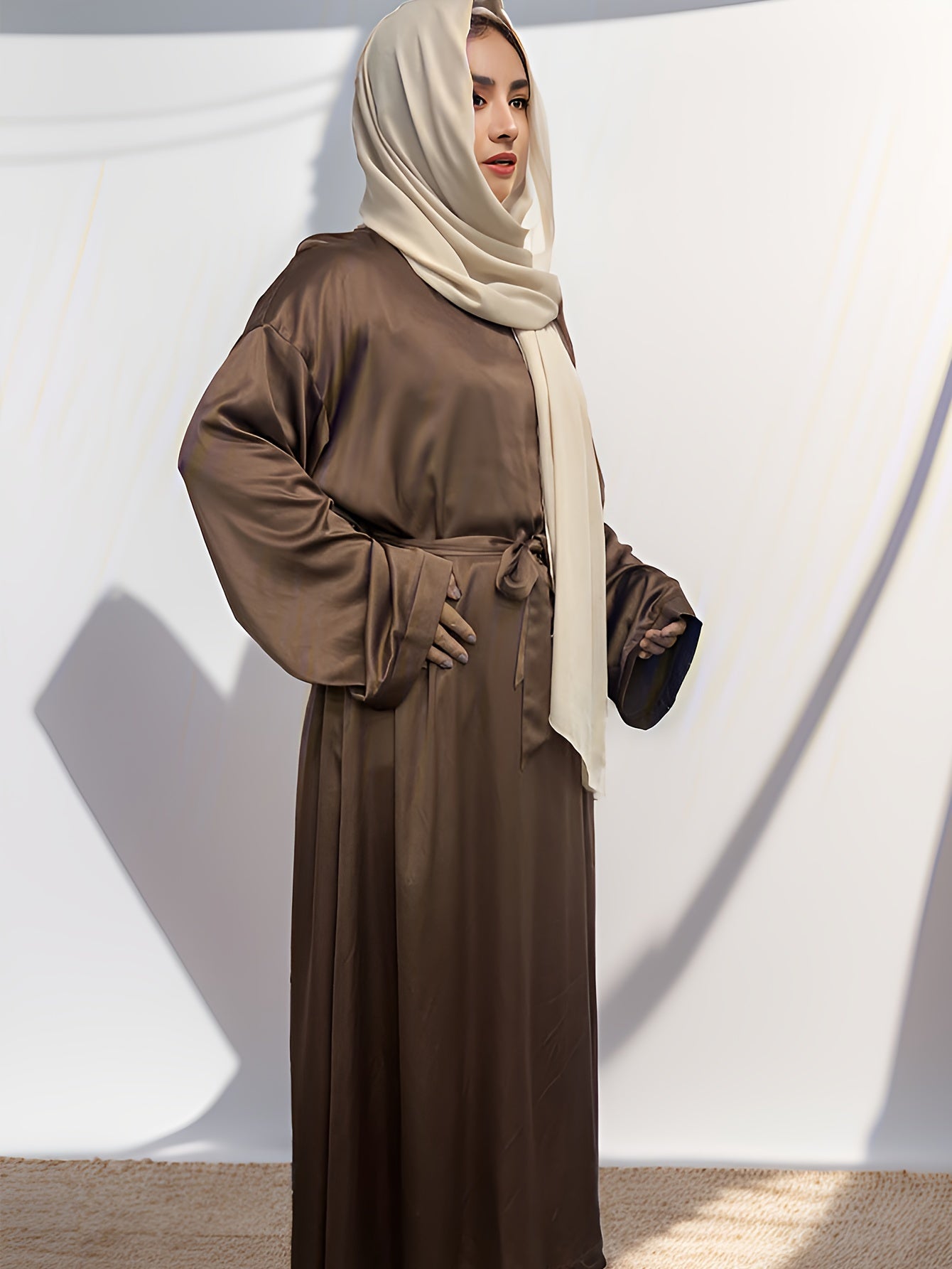 Casual Abaya Dress Women's Plus Solid Long Sleeve Round Neck