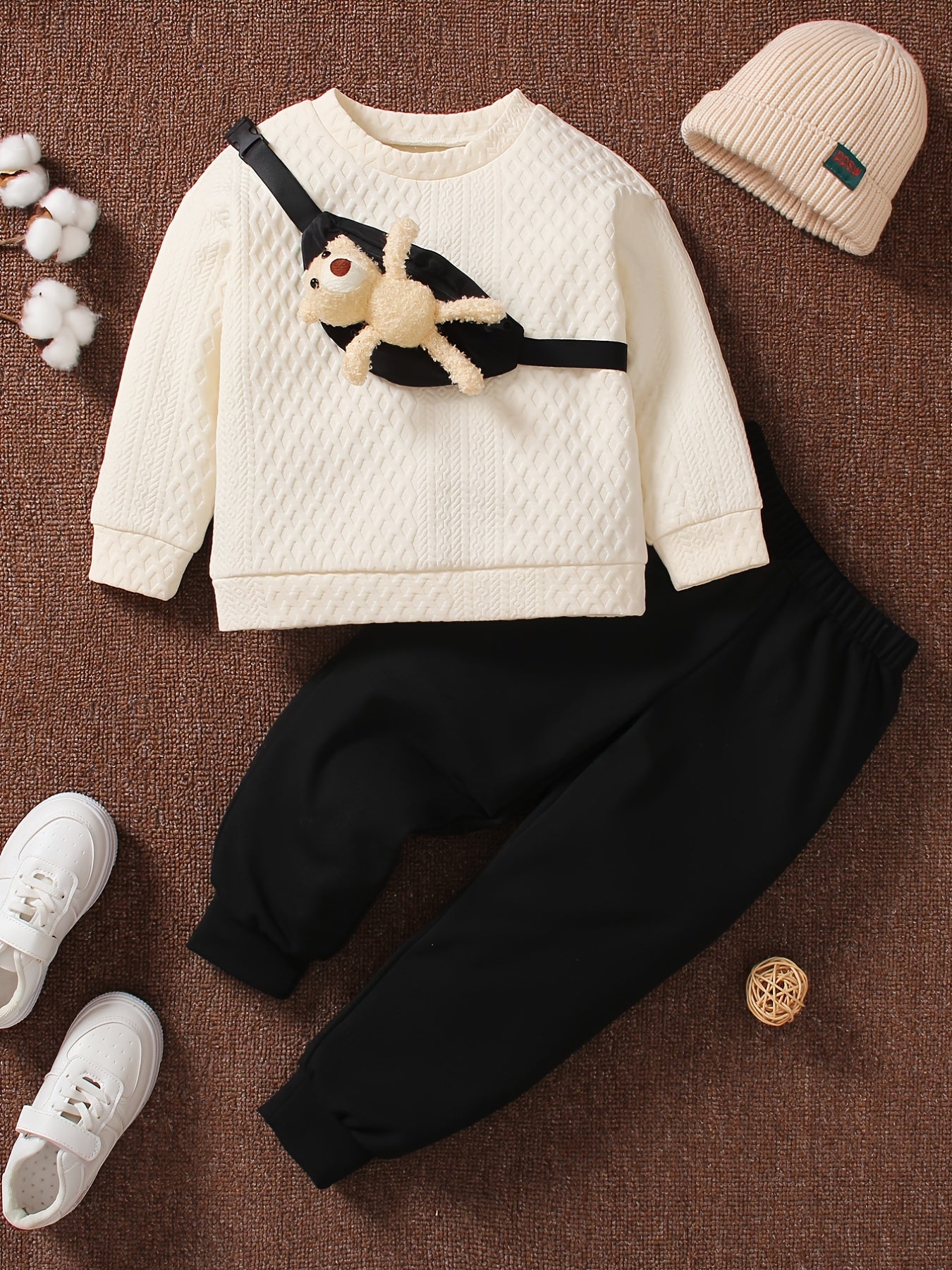 Boy's Cable Knit Sweatshirt & Toy Bear Bag & Sweatpants Set