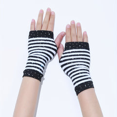 Striped Knitted Short Gloves with Rhinestone Decor