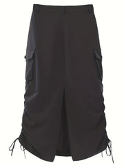 Drawstring Ruched Cargo Skirt with Flap Pockets