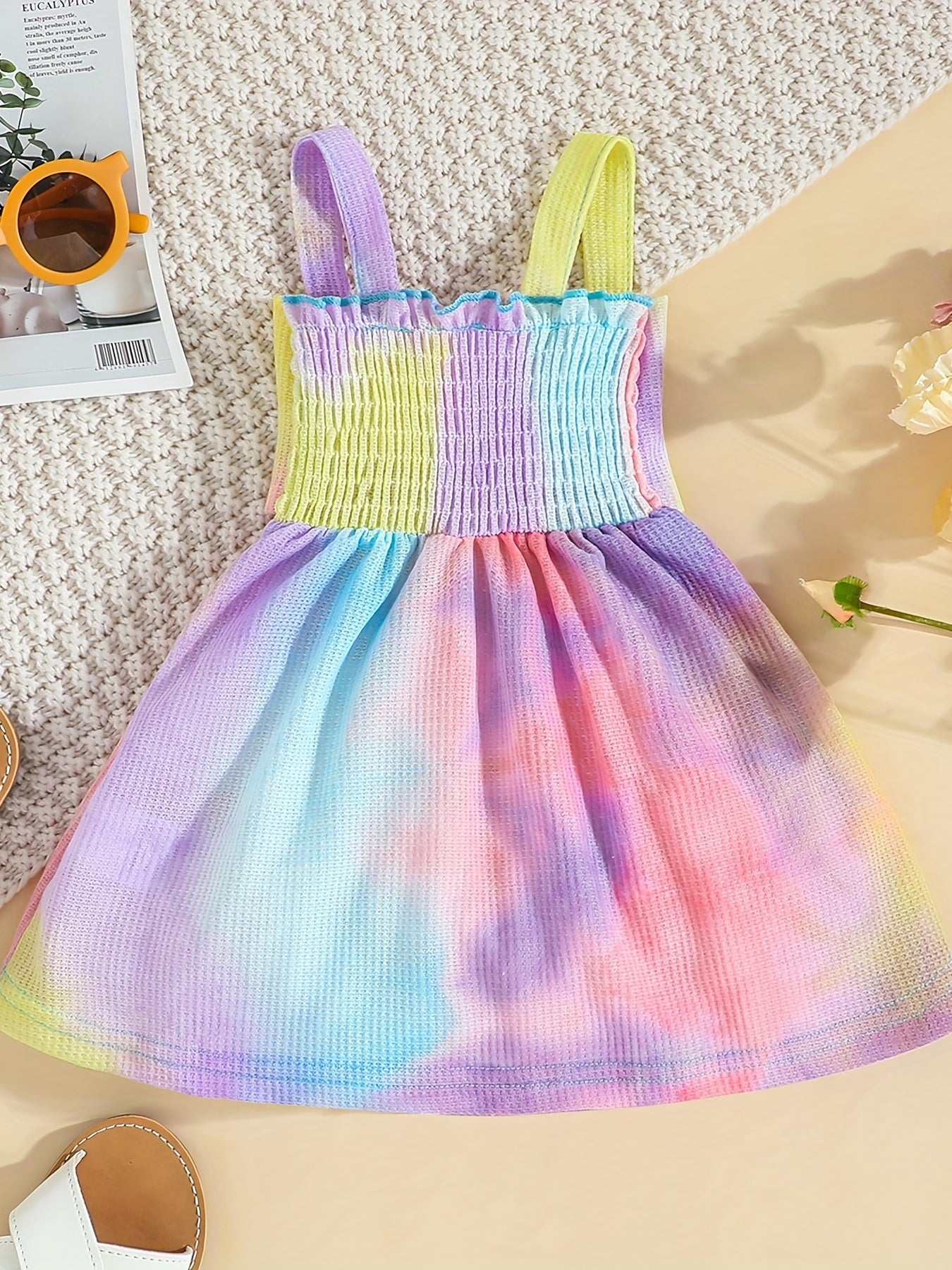 Baby Girls Tie Dye Bowknot Shirred Cami Dress for Summer